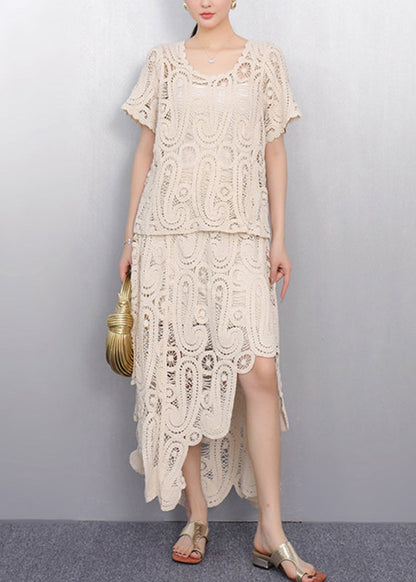 Beige O-neck Lace T Shirt and Maxi Skirts Two Piece Set Short Sleeve