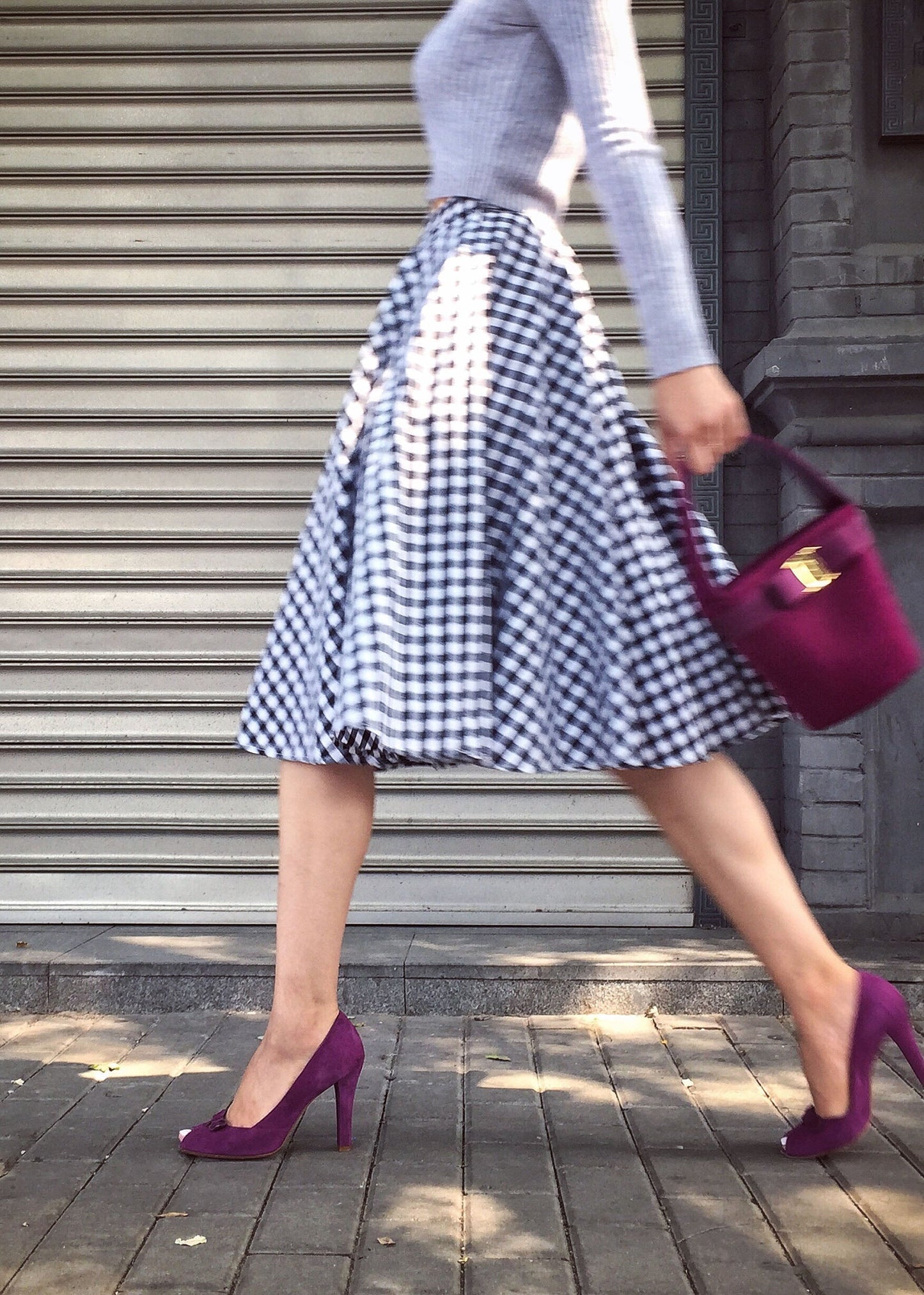 Black White Plaid High Waist Cotton a Line Skirts Spring