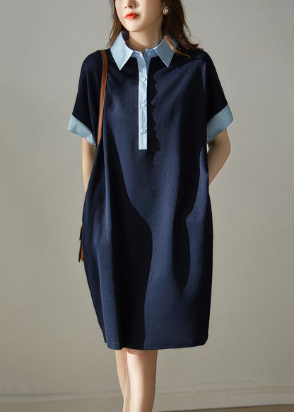 Grey Peter Pan Collar Button Patchwork Cotton Dress Summer