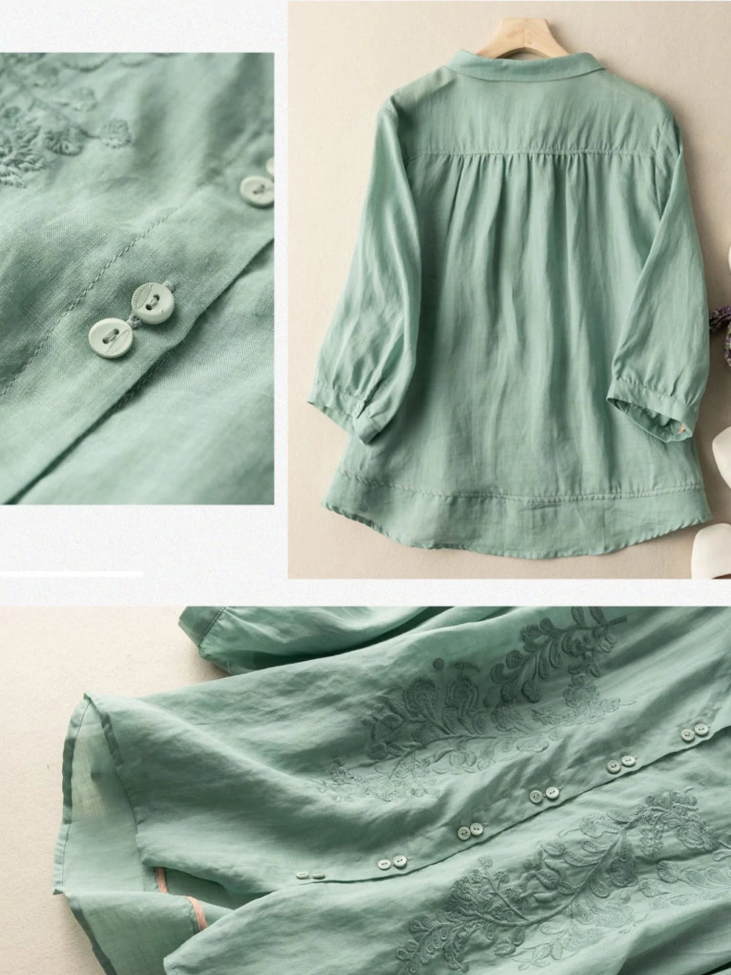 Embroidered 3/4 Sleeve Linen Shirt Top