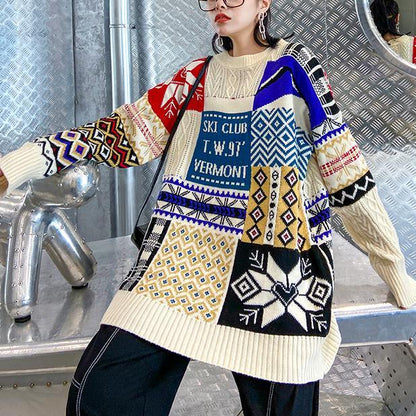 Aesthetic Beige Colorblock Sweater Blouse O Neck Winter Sweaters