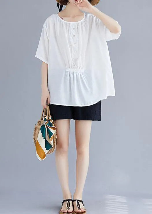 Natural White Cotton Blouse O Neck Half Sleeve Loose Summer Top