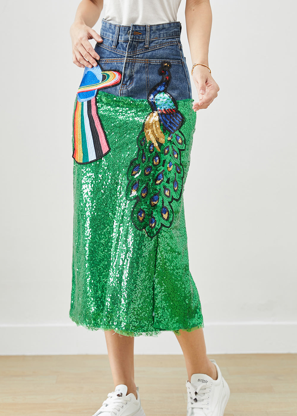 Diy Peacock Embroidered Patchwork Sequins Denim Skirt Fall