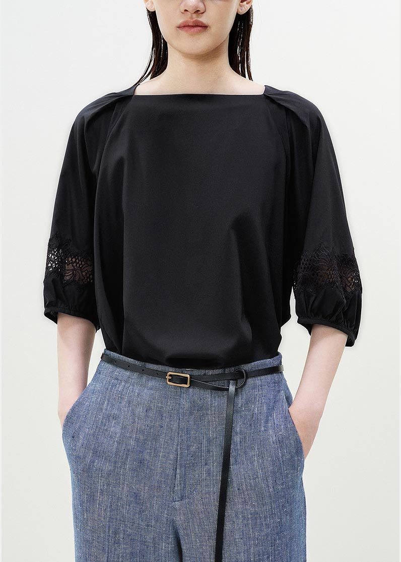 Black Slash Neck Patchwork Lace Blouses Half Sleeve
