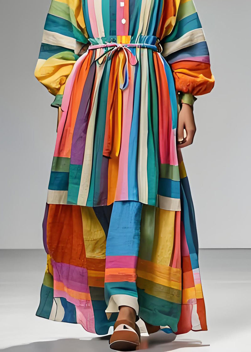 Colorblock Square Collar Tie Waist Patchwork Cotton Dress Long Sleeve
