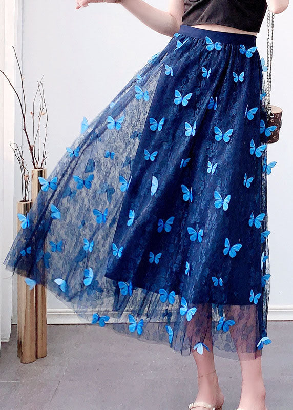Blue Elastic Waist Tulle Jacquard Fall Skirt