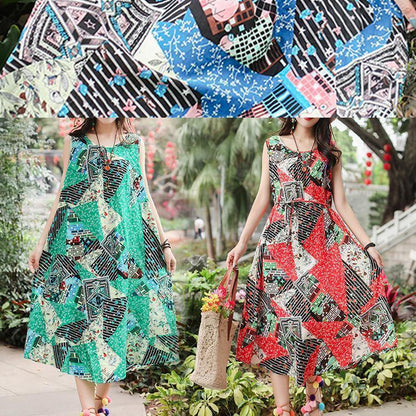 Red Print Cotton Clothes Sleeveless Tie Waist a Line Summer Dresses