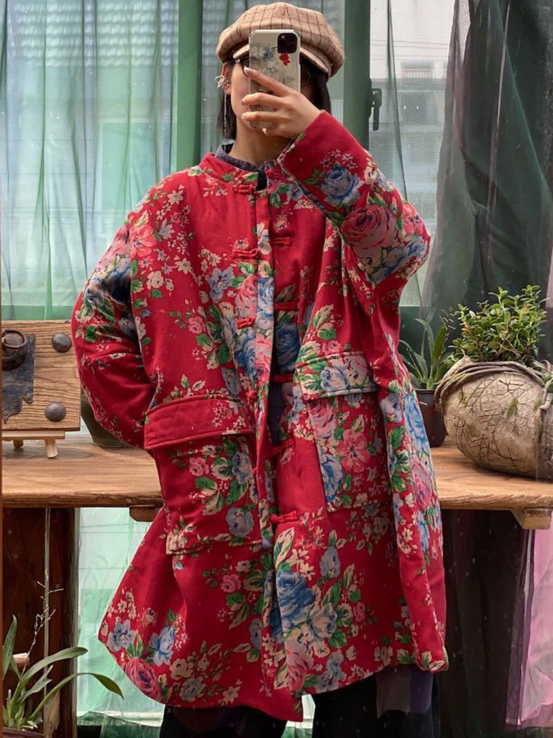 Oversize Pockets Print Cotton Coat