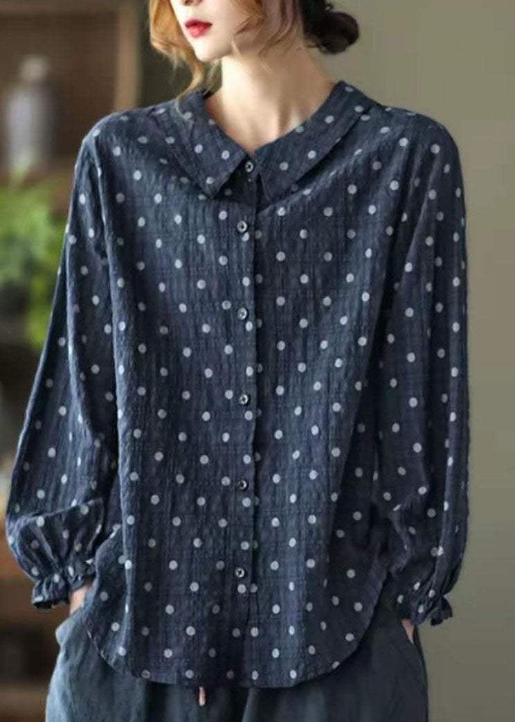 Navy Button Peter Pan Collar Dot Print Shirt Top Lantern Sleeve