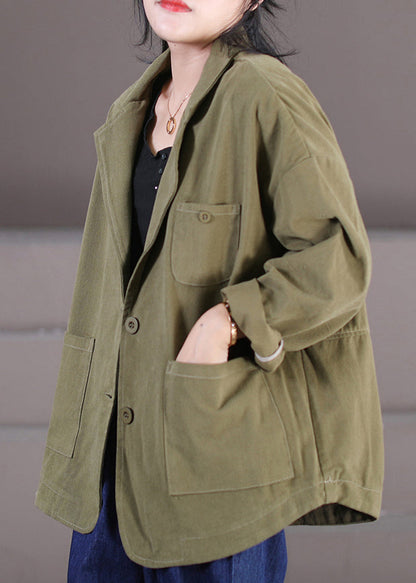 Army Green Mandarin Collar Patchwork Button Coats Fall