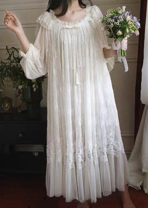 Novelty White Ruffled Lace Tulle Pajamas Long Dress Spring