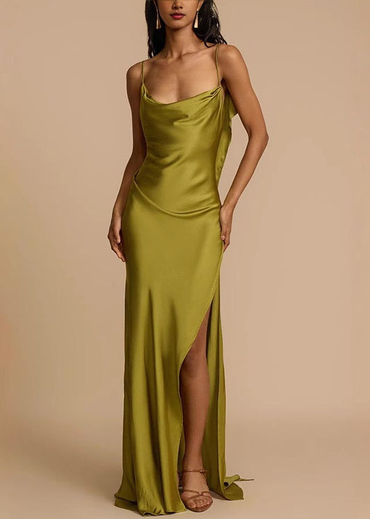 Green Backless Side Open Silk Cami Dress Summer