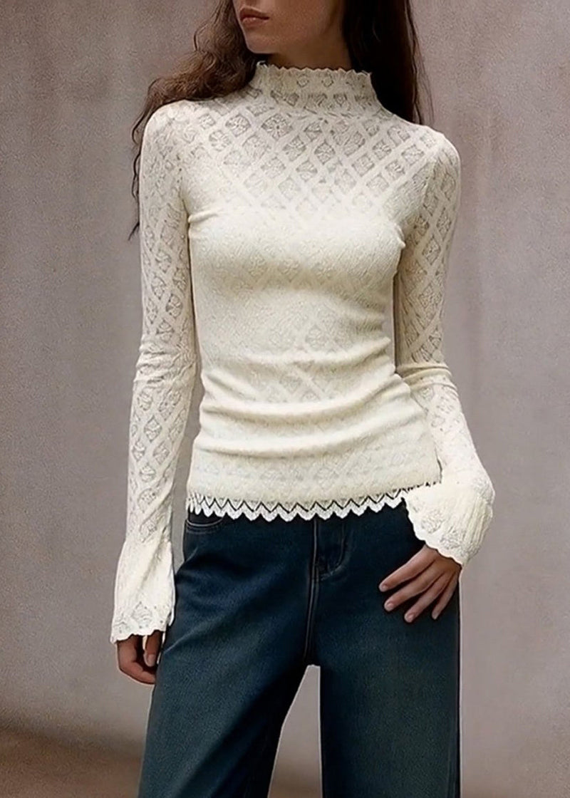 French White Turtleneck Lace T Shirts Flare Sleeve