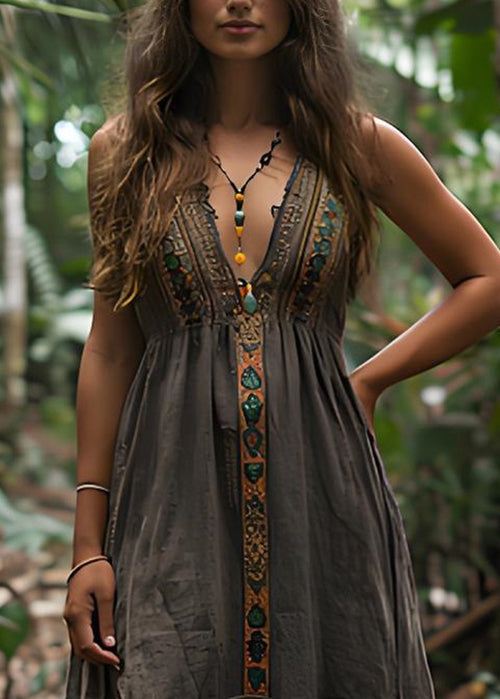 V Neck Print Wrinkled Cotton Spaghetti Strap Dress Summer