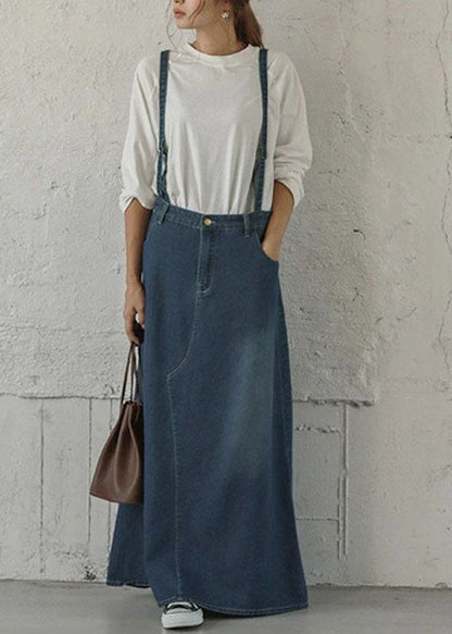 Blue Pockets Patchwork Denim Maxi Skirts Spring