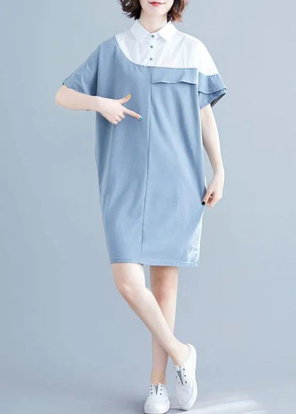Italian O Neck Patchwork Cotton Tunics Light Blue Dress Summer