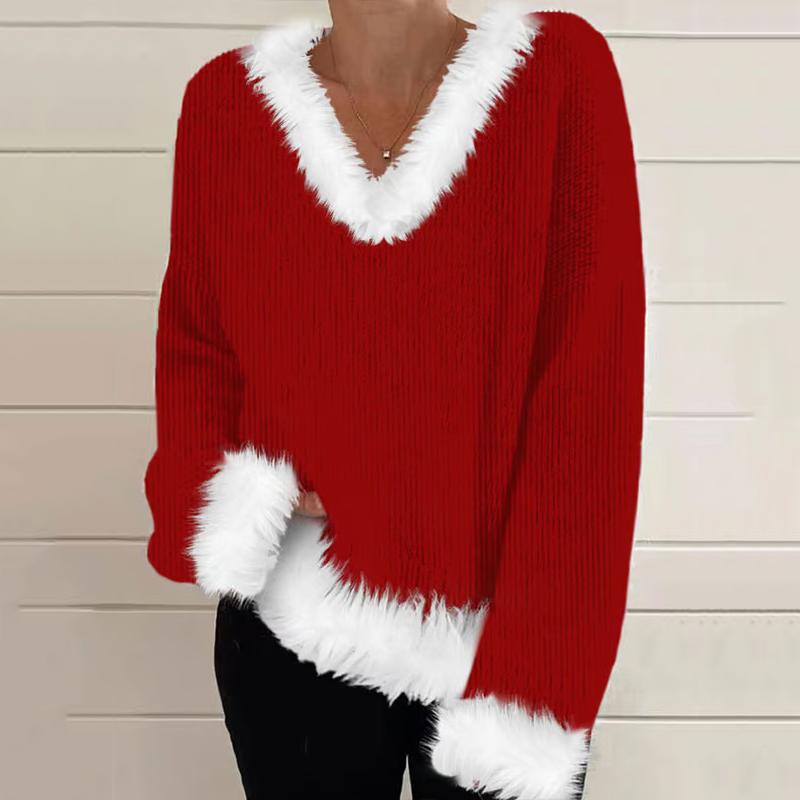 Comstylish Women's Plush V-Neck Christmas Fluffy Fur Collar Sweater