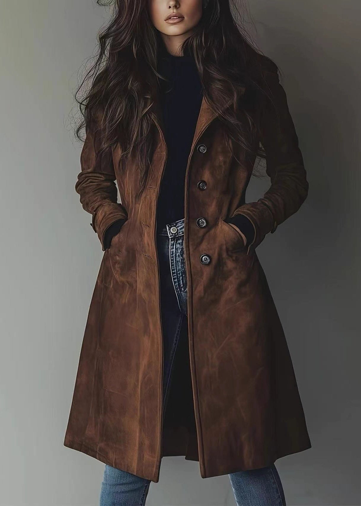 Dark Brown Peter Pan Collar Pockets Faux Suede Coat Spring