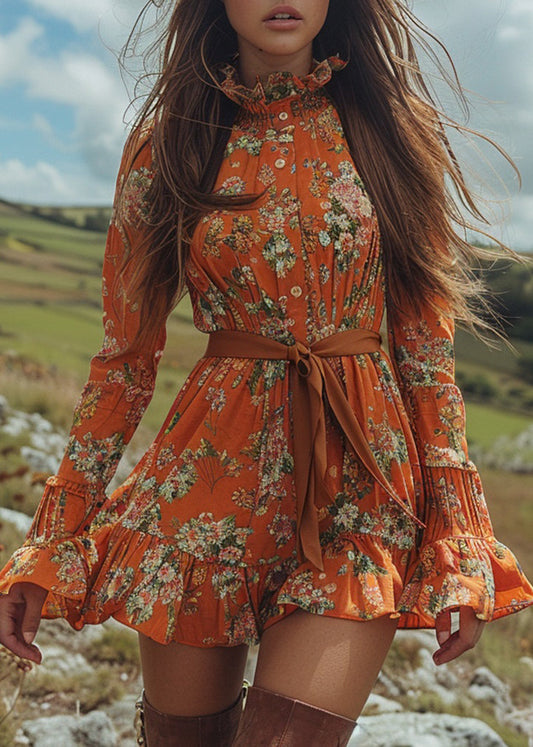 New Orange Ruffled Print Cotton Short Dress Long Sleeve