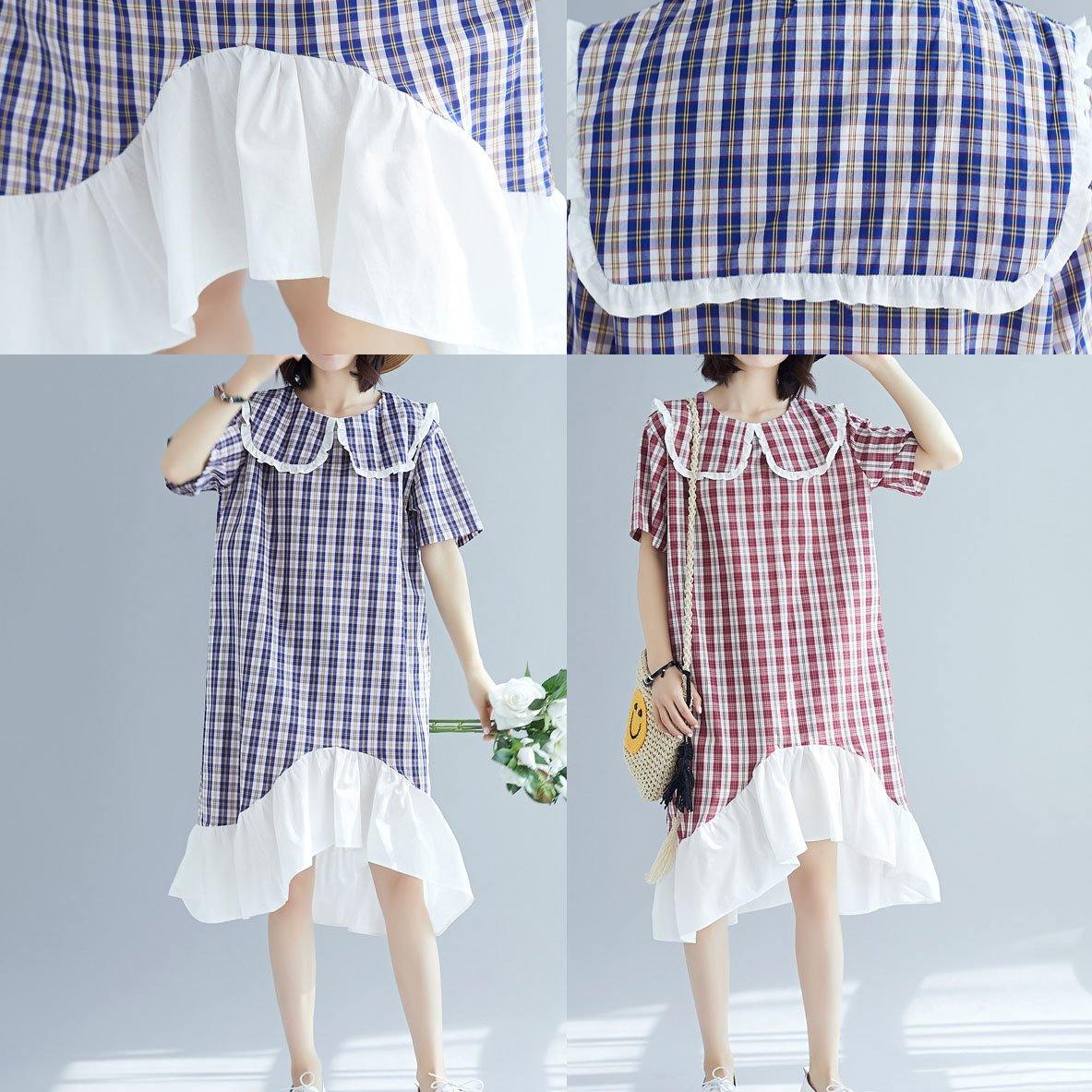 Patchwork Linen Clothes for Sleeve Red Plaid Dress Summer
