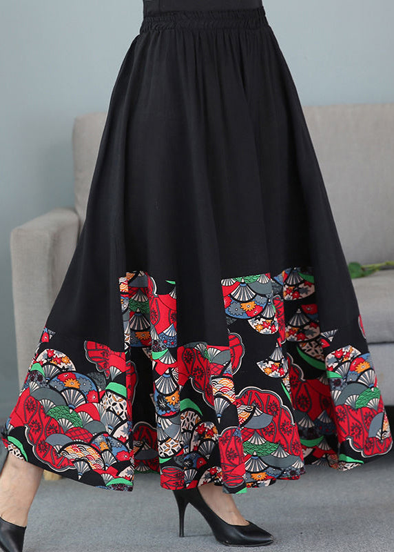 Black Print Elastic Waist Patchwork Cotton Skirts Fall