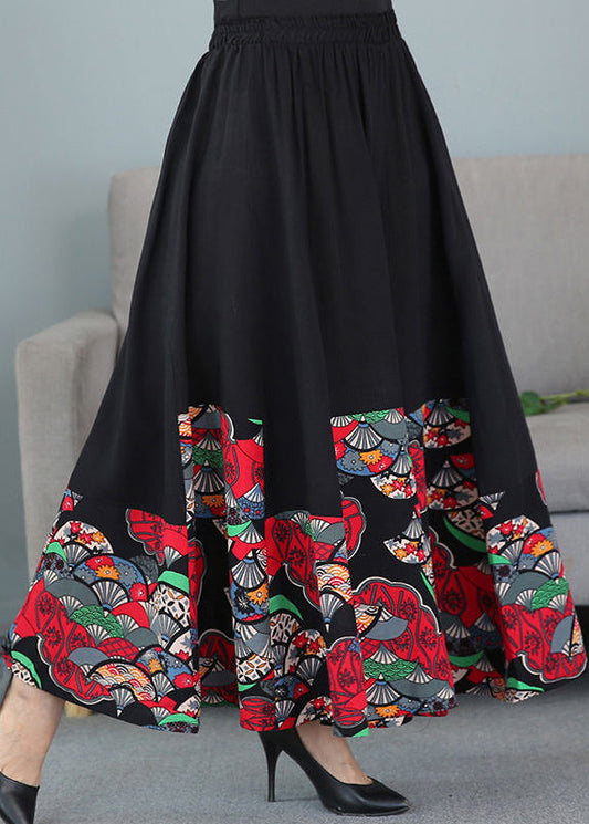 Black Print Elastic Waist Patchwork Cotton Skirts Fall