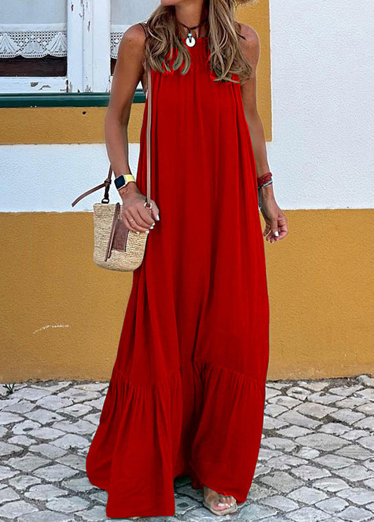 Red Ruffled Cotton Maxi Dress Sleeveless