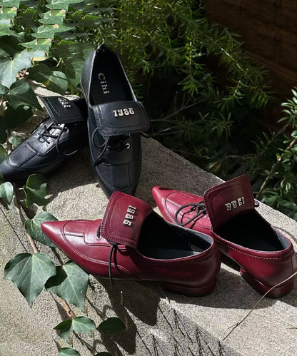 Black Faux Leather Splicing Lace Up Pointed Toe Shoes
