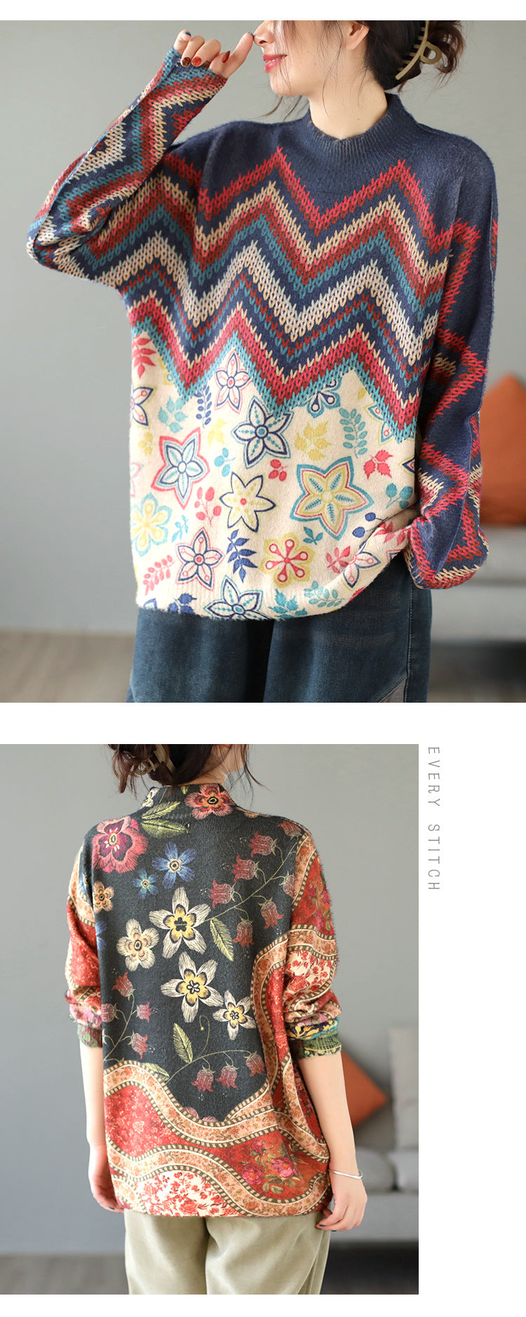 Artistic Retro Half Turtleneck Faux Mink Knitted Sweater