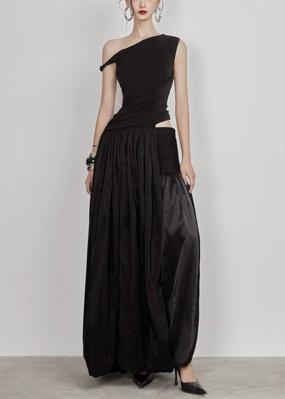 Black Side Open Cotton Long Dress Cold Shoulder Sleeveless