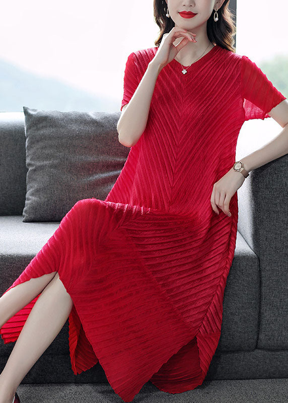 Red Color V Neck Wrinkled Silk Long Dress Short Sleeve
