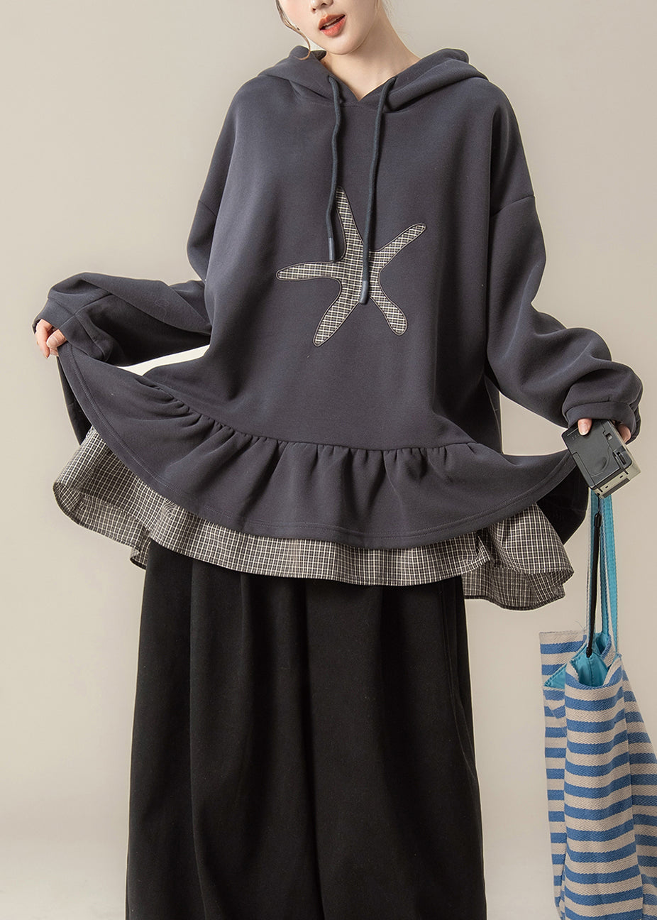 Dark Grey False Two Pieces Patchwork Hooded Cotton Sweatshirts Fall