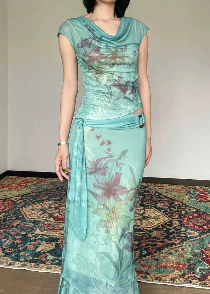 Slim Fit Green Print Tulle Top and Maxi Skirts Two Pieces Set Sleeve