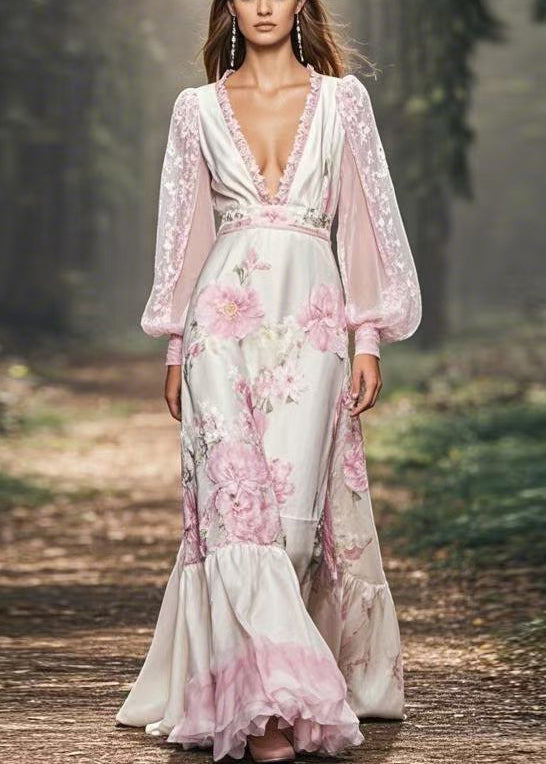 V Neck Print Patchwork Chiffon Maxi Dresses Spring