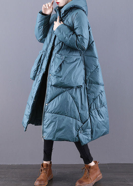 Blue Hooded Zippered Oversized Thick Cotton Blend Puffers Jackets Winter