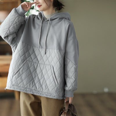 Loose Warm Patchwork Hooded Padded Sweatshirt