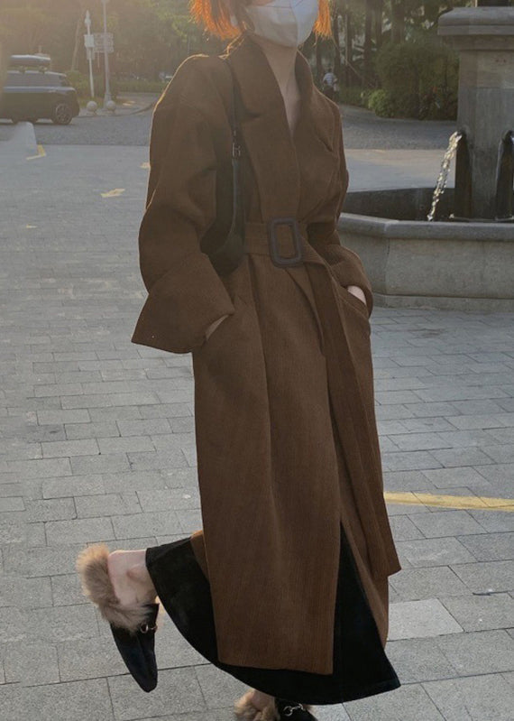 Brown Notched Pockets Sashes Trench Coat Spring