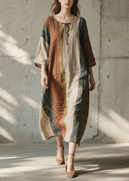 Colorblock O Neck Cotton Long Dress Summer