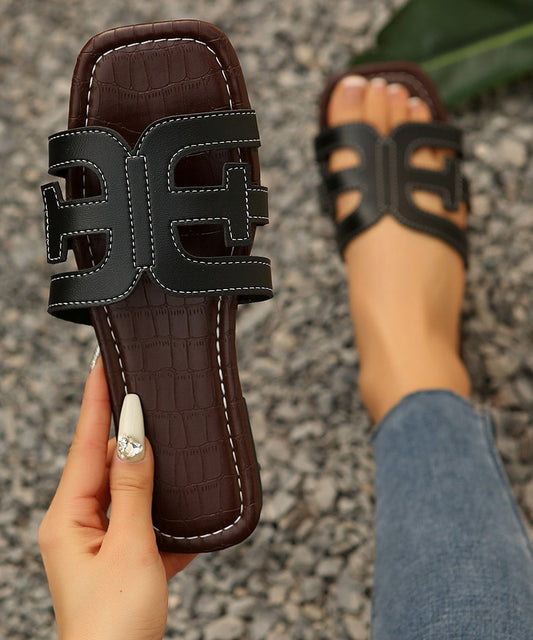 Splicing Black Faux Leather Slide Sandals Peep Toe