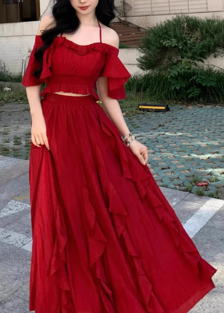 Red Ruffled Tops and Skirts Cotton Two Pieces Set Butterfly Sleeve
