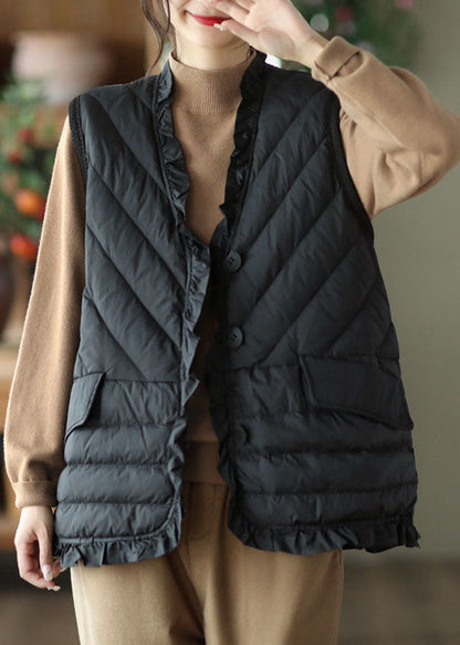 Black Ruffled Thick Duck Down Vest Tops Winter
