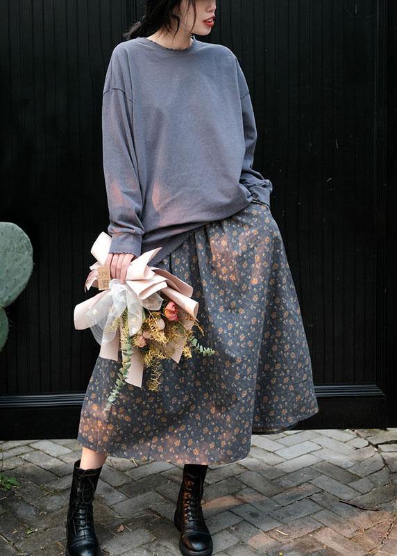 Natural Black Patchwork Print a Line Skirts Cotton Fall