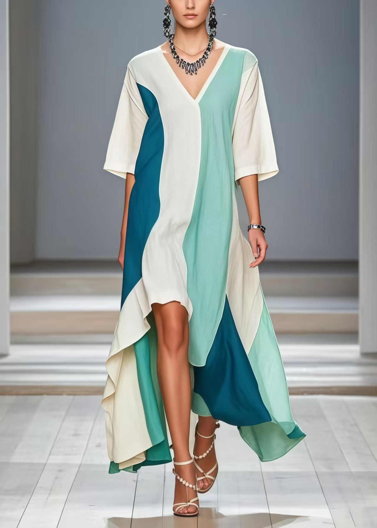 Art White Oversized Patchwork Cotton Dress Half Sleeve