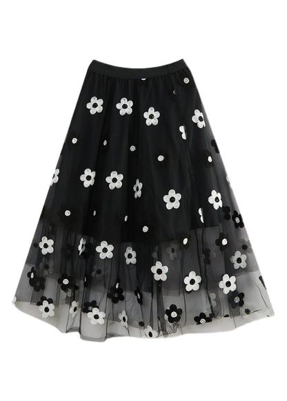 Black Elastic Waist Tulle a Line Skirt Spring