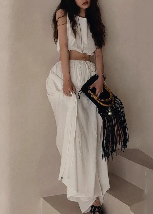 Brief White O-neck Vest and Side Open Maxi Skirts Two Piece Set Summer