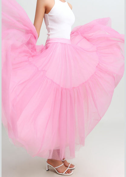 Pink High Waist Patchwork Tulle Pleated Skirt Summer