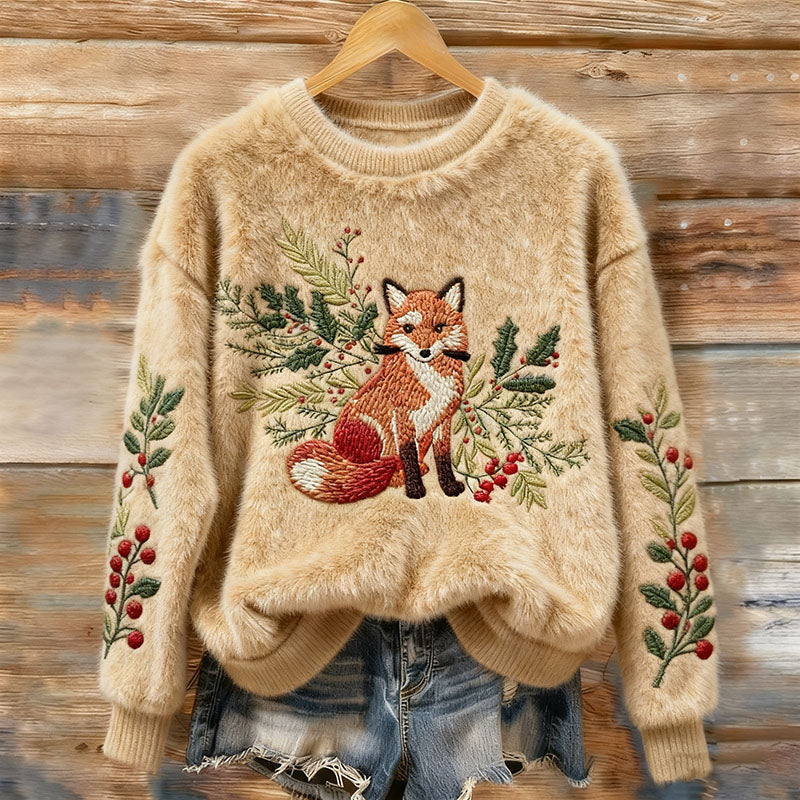 Women's Vintage Christmas Fox Holly Leaf Art Cozy Plush Sweater