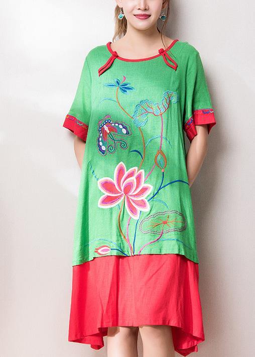 O Neck Patchwork Cotton Linen Quilting Dresses Inspiration Green Embroidery Dress Summer