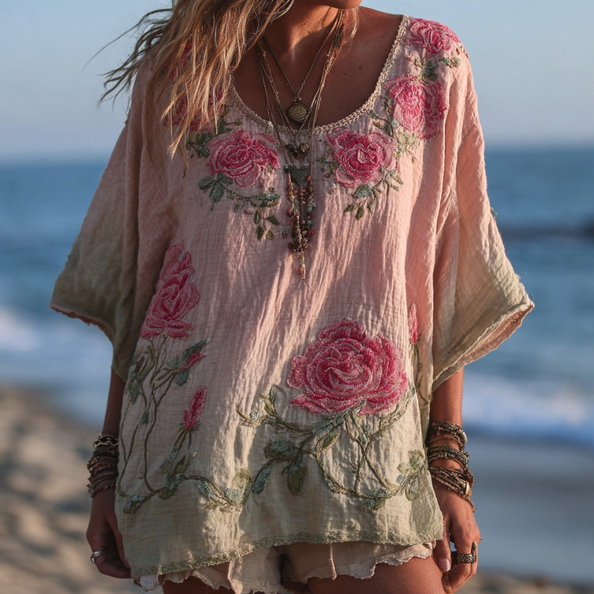 Women's Vintage Rose Gradient Art V Neck Linen Comfy T-shirt elevenforest
