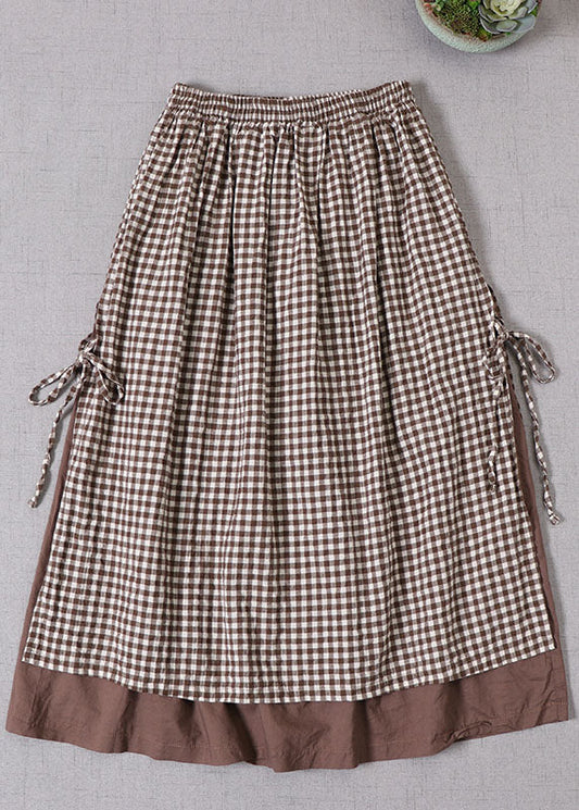 French Chocolate Plaid Side Open Tie Skirt Spring